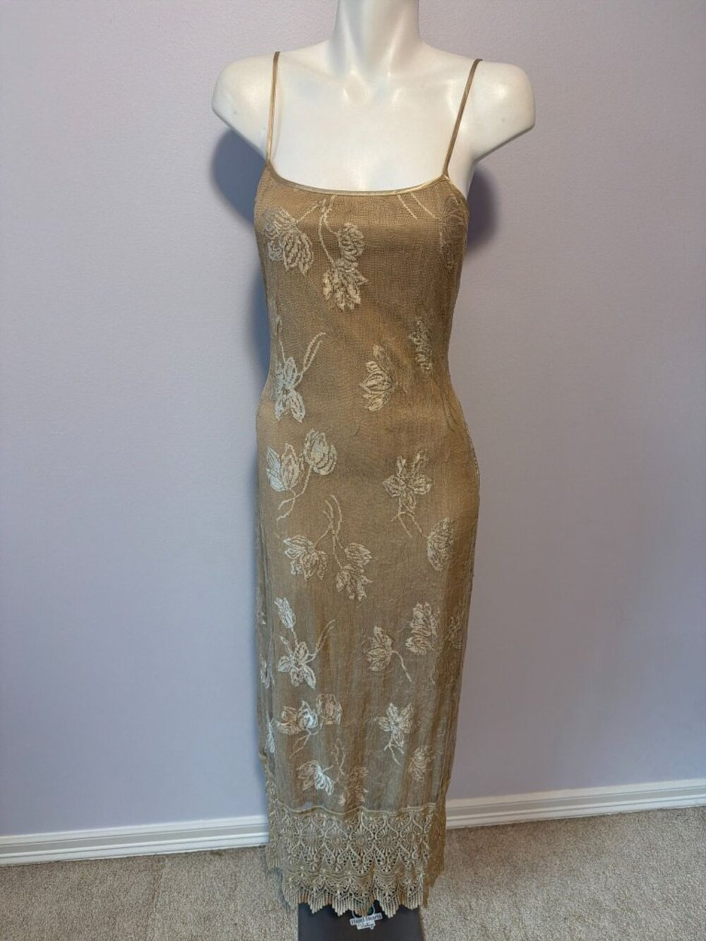 Vintage Y2K Mesh Maxi Skirt Floral Gold Beige Sheer Overlay Lined Dress Medium M - Picture 6 of 7